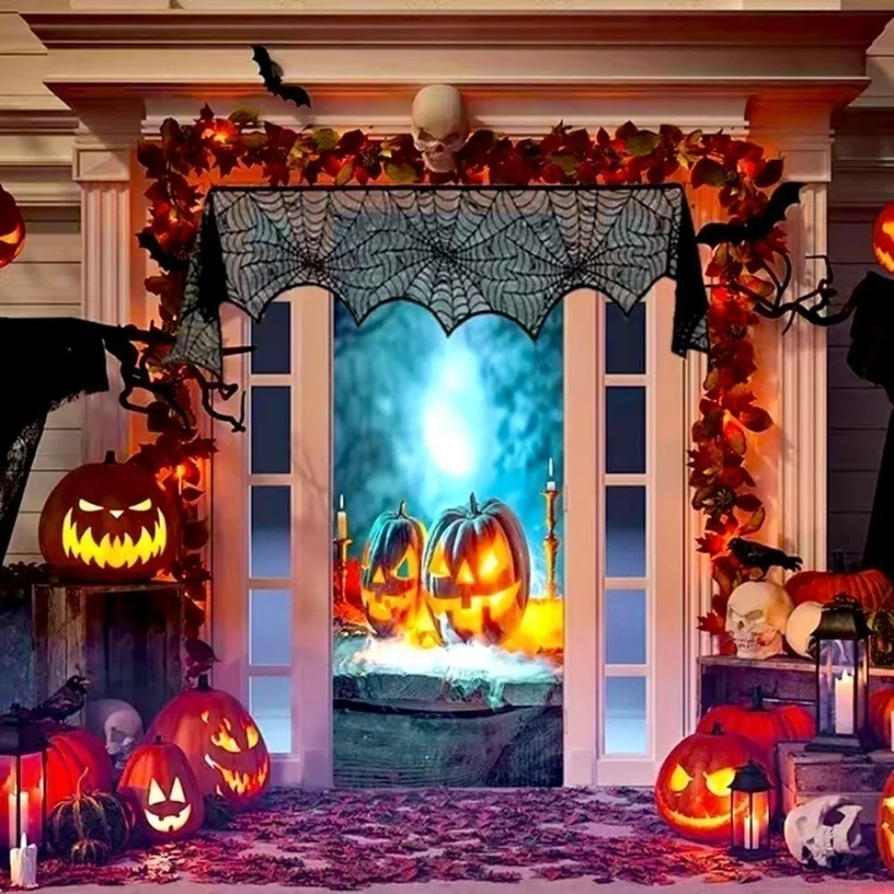 Halloween Mantle Decor Fireplace Cover Spiderweb Trick Or Treat Scary Spooky